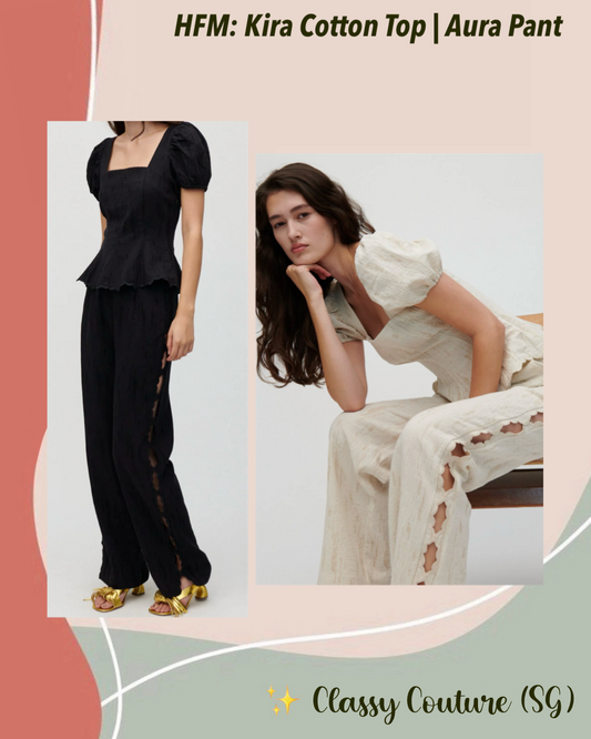 HFM Kira Puff Sleeve Top | Aura Pant Trousers | Scalloped Hem Edge Cotton-linen blend Set