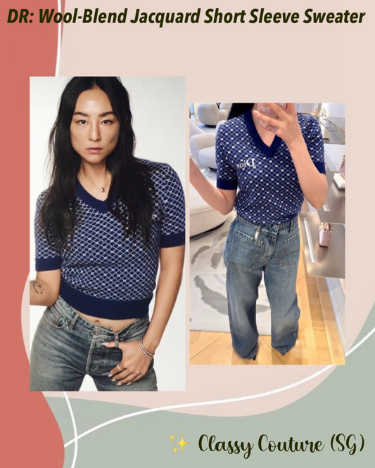 DR Wool-Blend Jacquard Short Sleeve V-neck Sweater Top in Blue