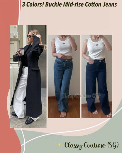 Mid-Rise Buckle Cotton Denim Jeans