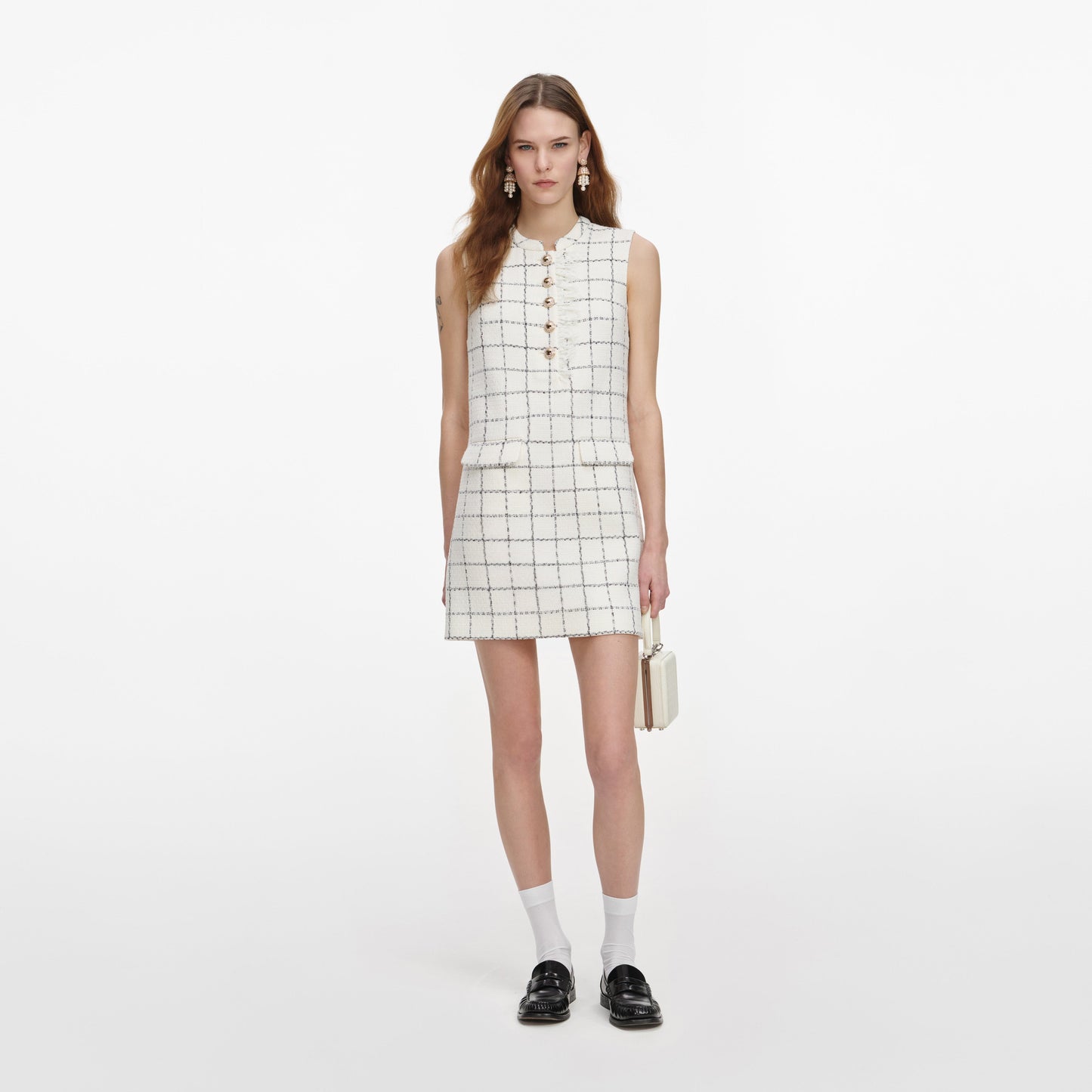 SP Cream & Check Boucle Lace Trim Shift Mini Dress