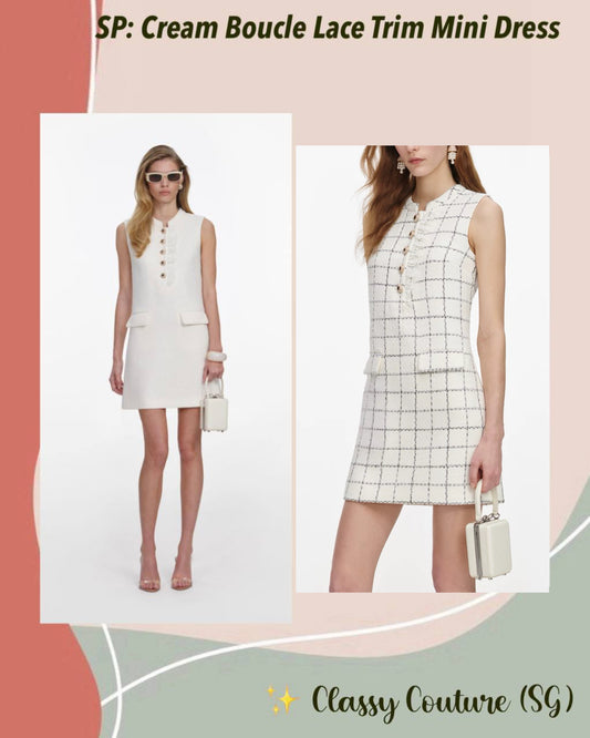 SP Cream & Check Boucle Lace Trim Shift Mini Dress