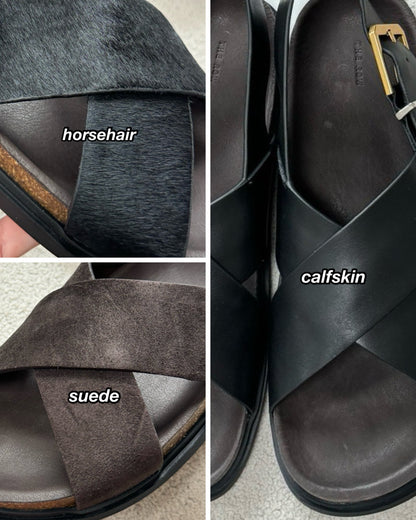 TR Crossover Buckle Leather Sandals in Suede/Horsehair/Smooth Calfskin