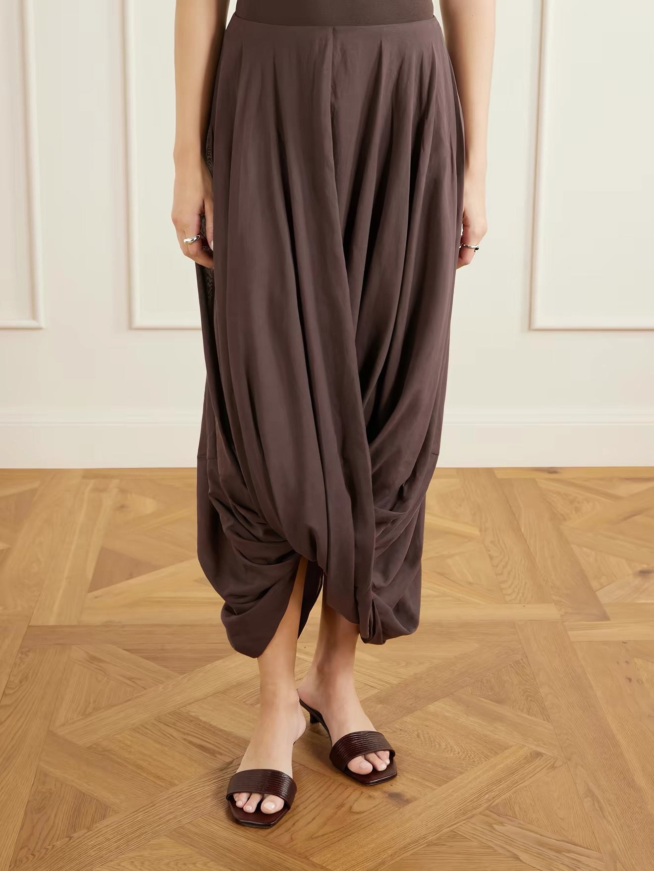 4 Colors! Tot Cocoon Lyocell-Cotton Draped Midi Maxi Skirt