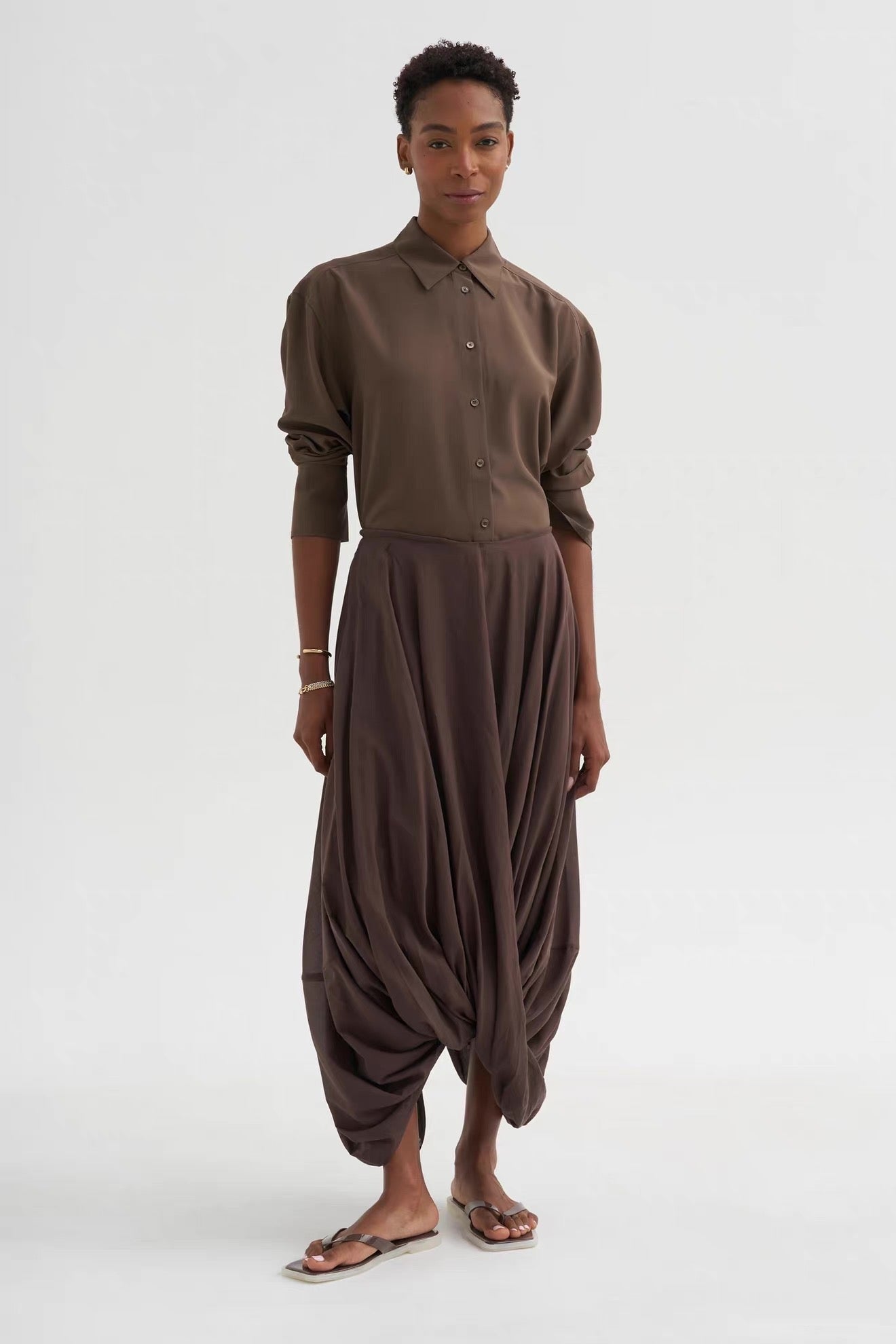 4 Colors! Tot Cocoon Lyocell-Cotton Draped Midi Maxi Skirt