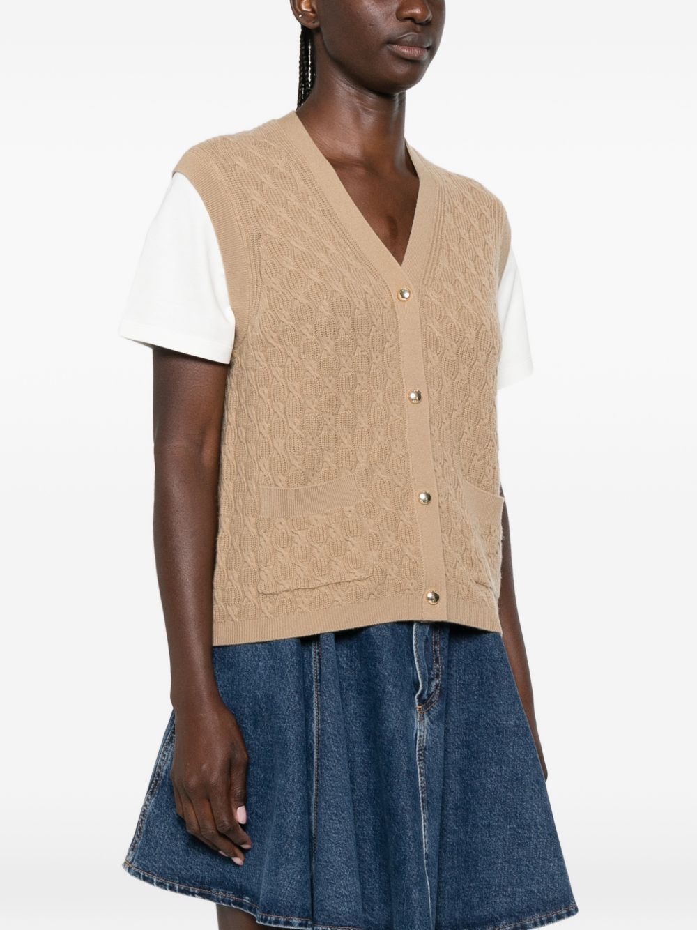 2-in-1 Effect Cardigan in Camel (Wool-cashmere Vest with Cotton Sleeves)
