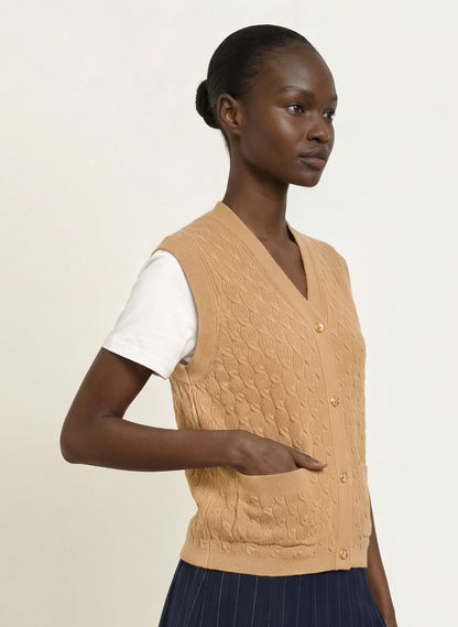 2-in-1 Effect Cardigan in Camel (Wool-cashmere Vest with Cotton Sleeves)
