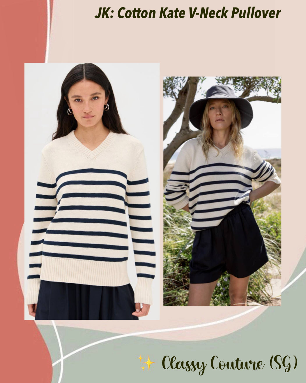 JK Cotton Kate V-Neck Pullover Sweater in Ivory/Navy Stripe