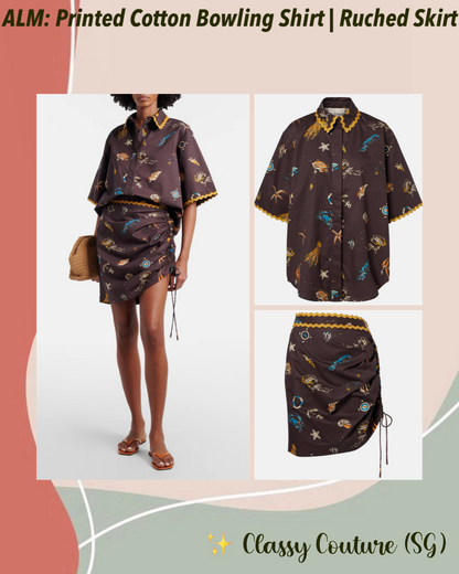 ALM Printed Cotton Bowling Shirt | Ruched Mini Skirt | Chocolate brown Set
