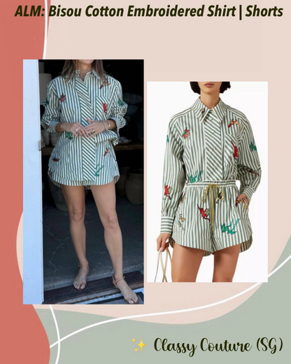ALM Bisou Embroidered Shirt | Shorts | Green Stripe Cotton Set