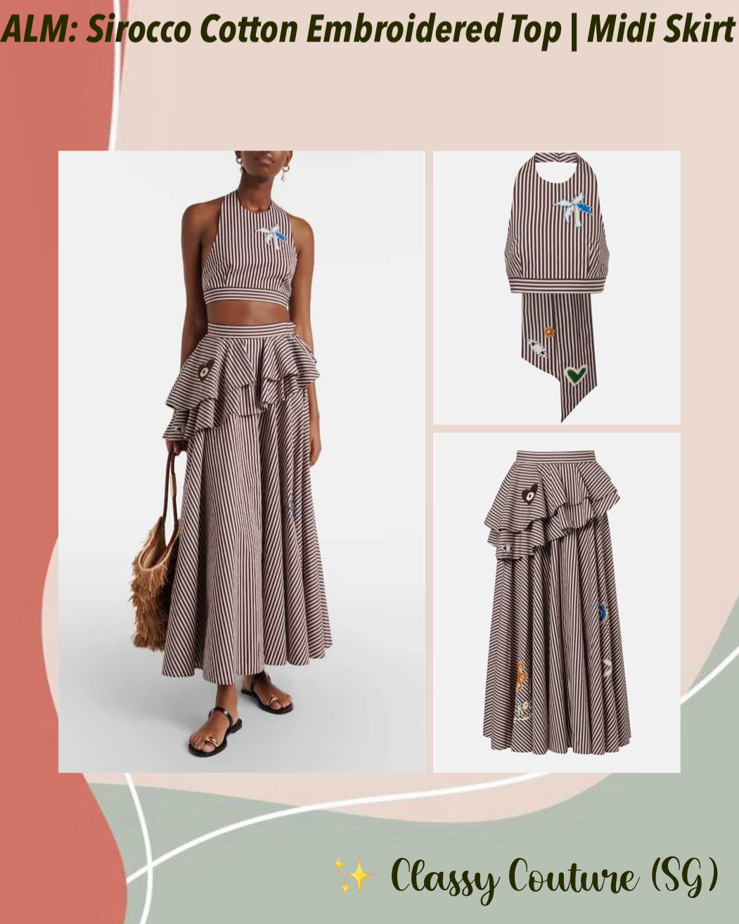 ALM Sirocco Embroidered Halter Crop Top | Ruffle Peplum Tiered Midi Skirt | Cotton Set