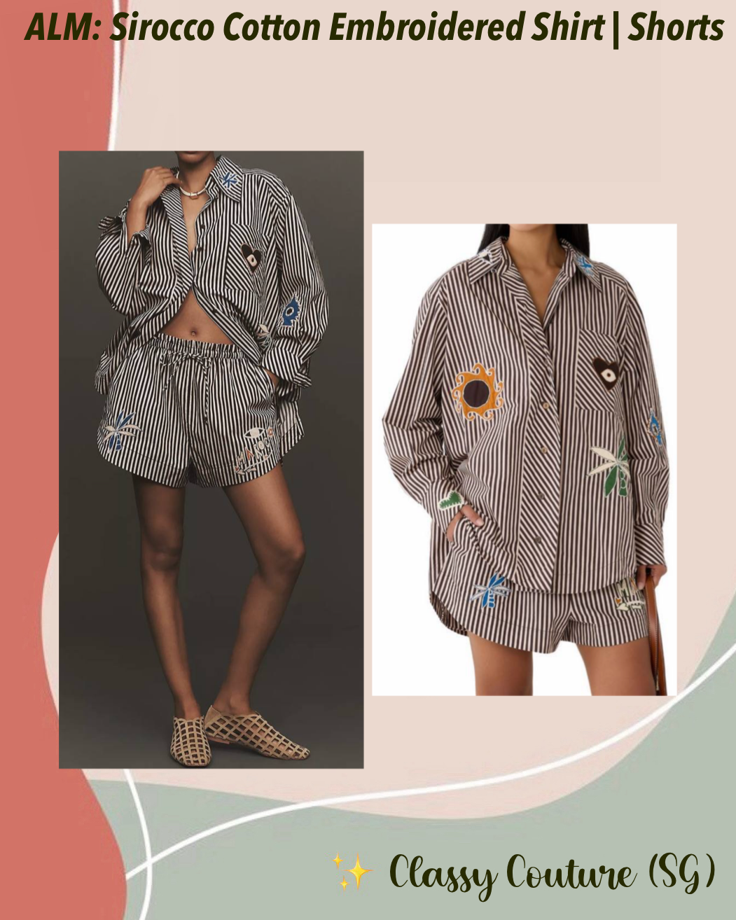 ALM Sirocco Embroidered Shirt | Shorts | Cotton Chocolate brown striped Set