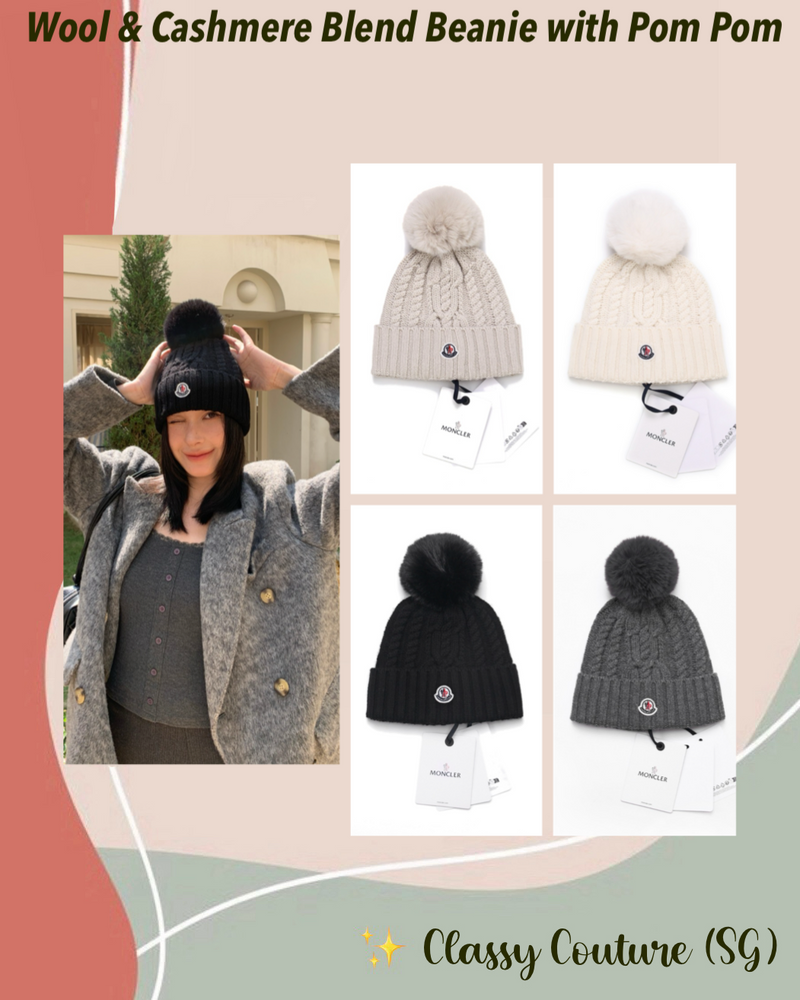 Wool & Cashmere Blend Beanie Hat with Pom Pom