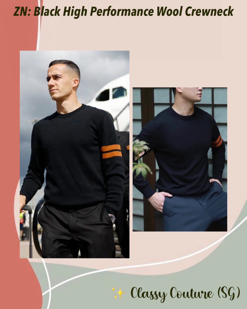 2 Colors! ZN Men’s High Performance Wool Crewneck Jumper Sweater w/ Stripe Detail