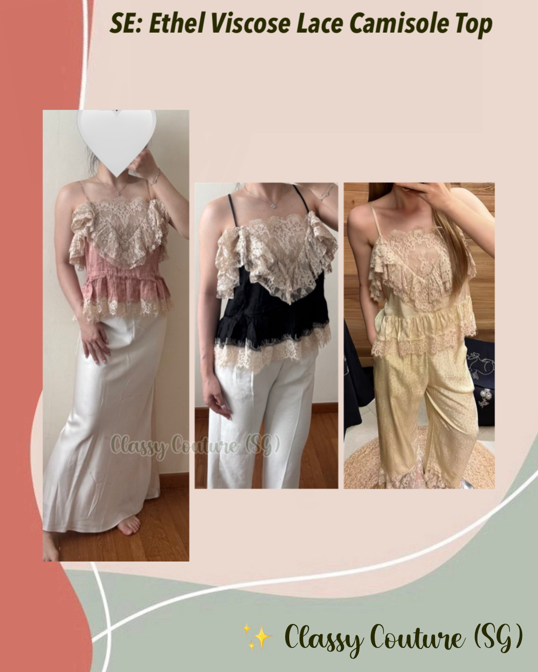 3 Colors! SE Ethel Viscose Jacquard Lace Camisole Top