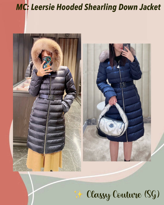 MC Leersie Hooded Shearling-Trimmed Long Down Jacket Coat in Navy Blue