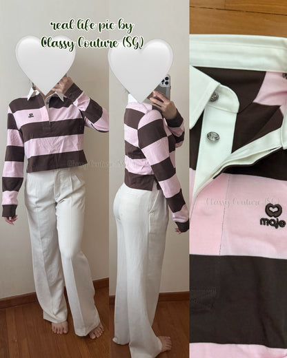 MJ Tipolay Pink/Brown Striped Polo Cotton Cropped Sweatshirt Top | Ipiuma Belted Cotton-blend Camel Shorts | Set