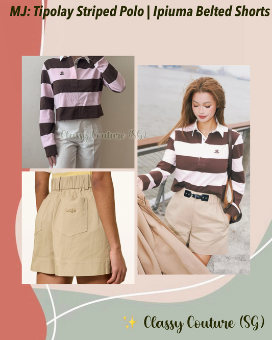 MJ Tipolay Pink/Brown Striped Polo Cotton Cropped Sweatshirt Top | Ipiuma Belted Cotton-blend Camel Shorts | Set