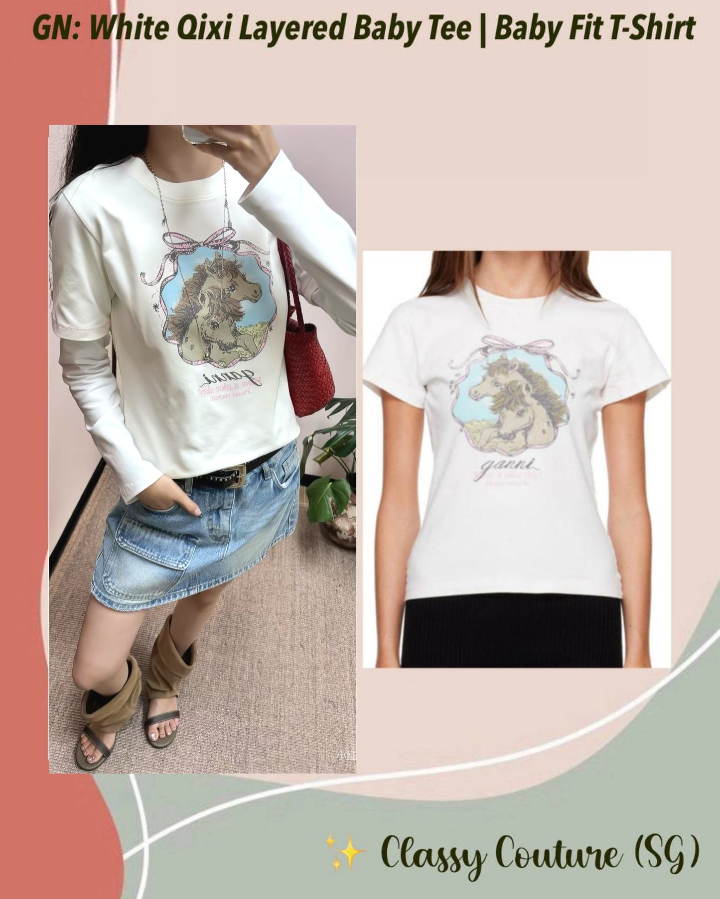 2 Styles! GN White Qixi Basic Cotton Jersey Baby Fit Tee | Layered Effect Oversized T-Shirt