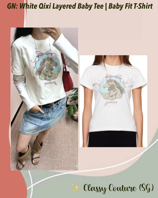2 Styles! GN White Qixi Basic Cotton Jersey Baby Fit Tee | Layered Effect Oversized T-Shirt
