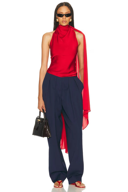 HS Natasha Silk-blend Halter Tie Top in Stormy Grey & Red