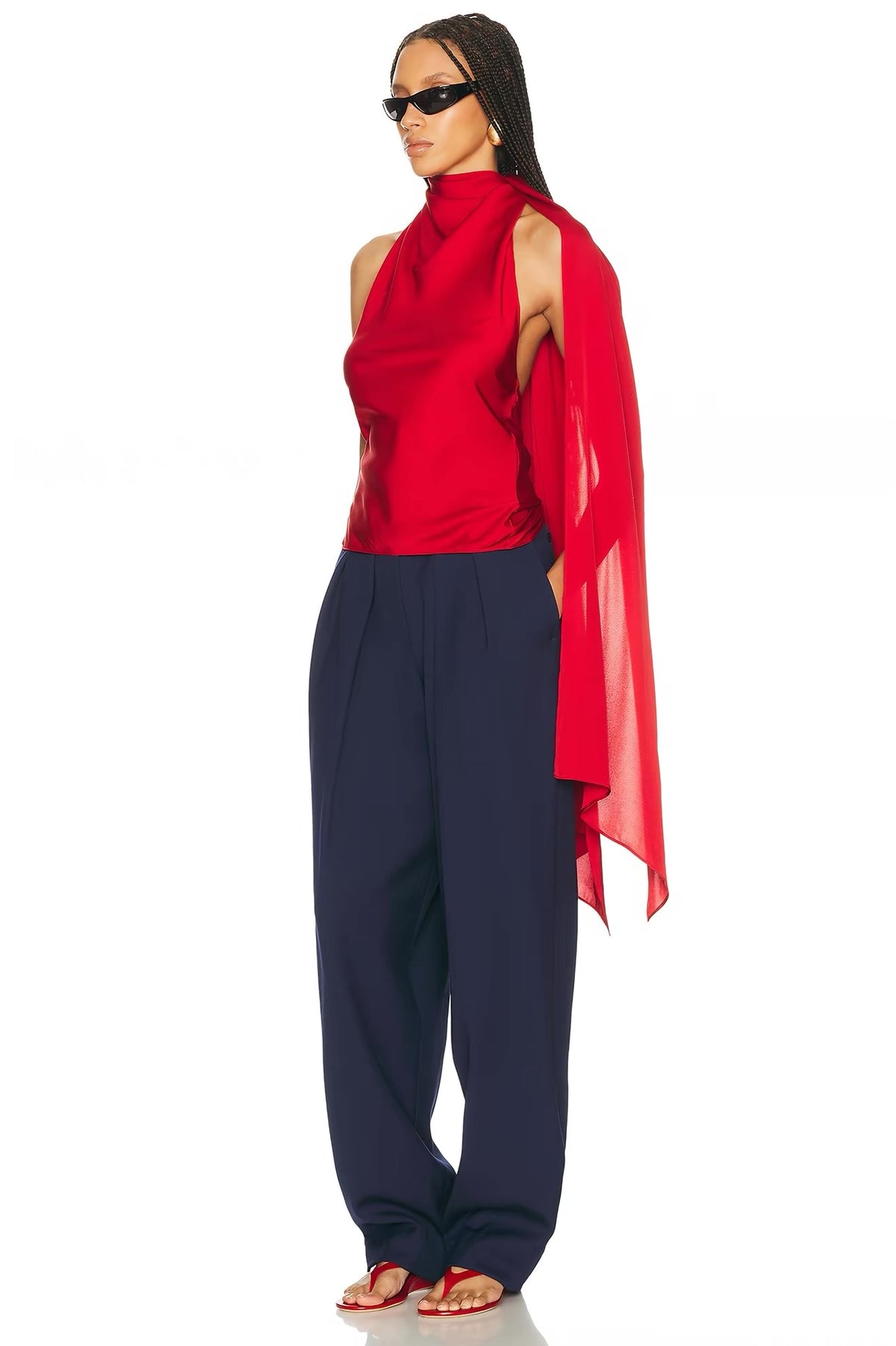 HS Natasha Silk-blend Halter Tie Top in Stormy Grey & Red