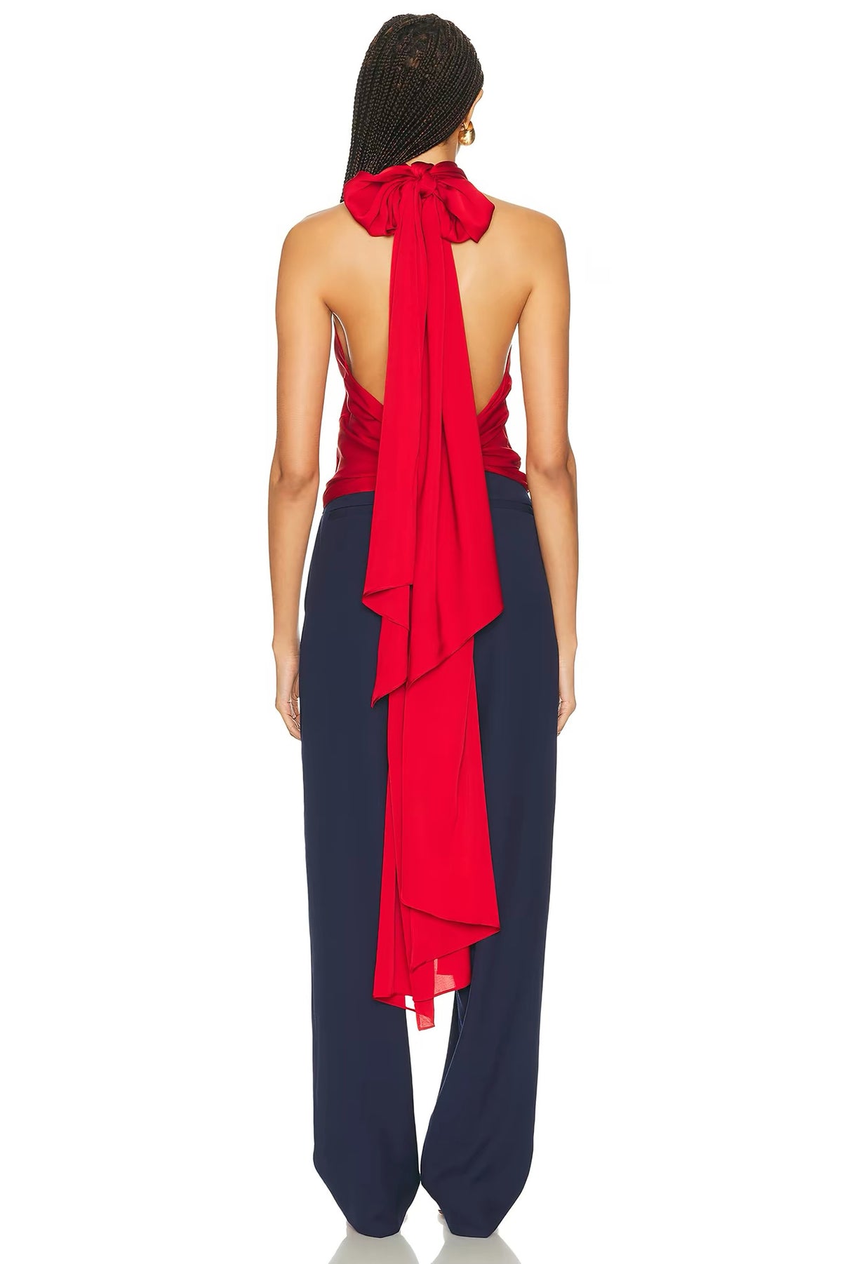 HS Natasha Silk-blend Halter Tie Top in Stormy Grey & Red