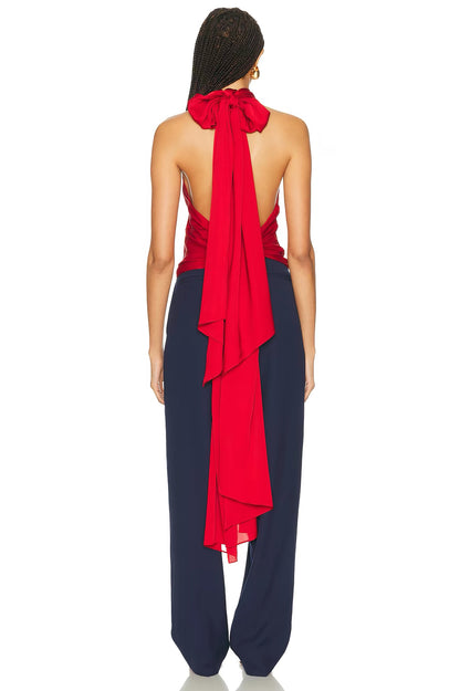HS Natasha Silk-blend Halter Tie Top in Stormy Grey & Red