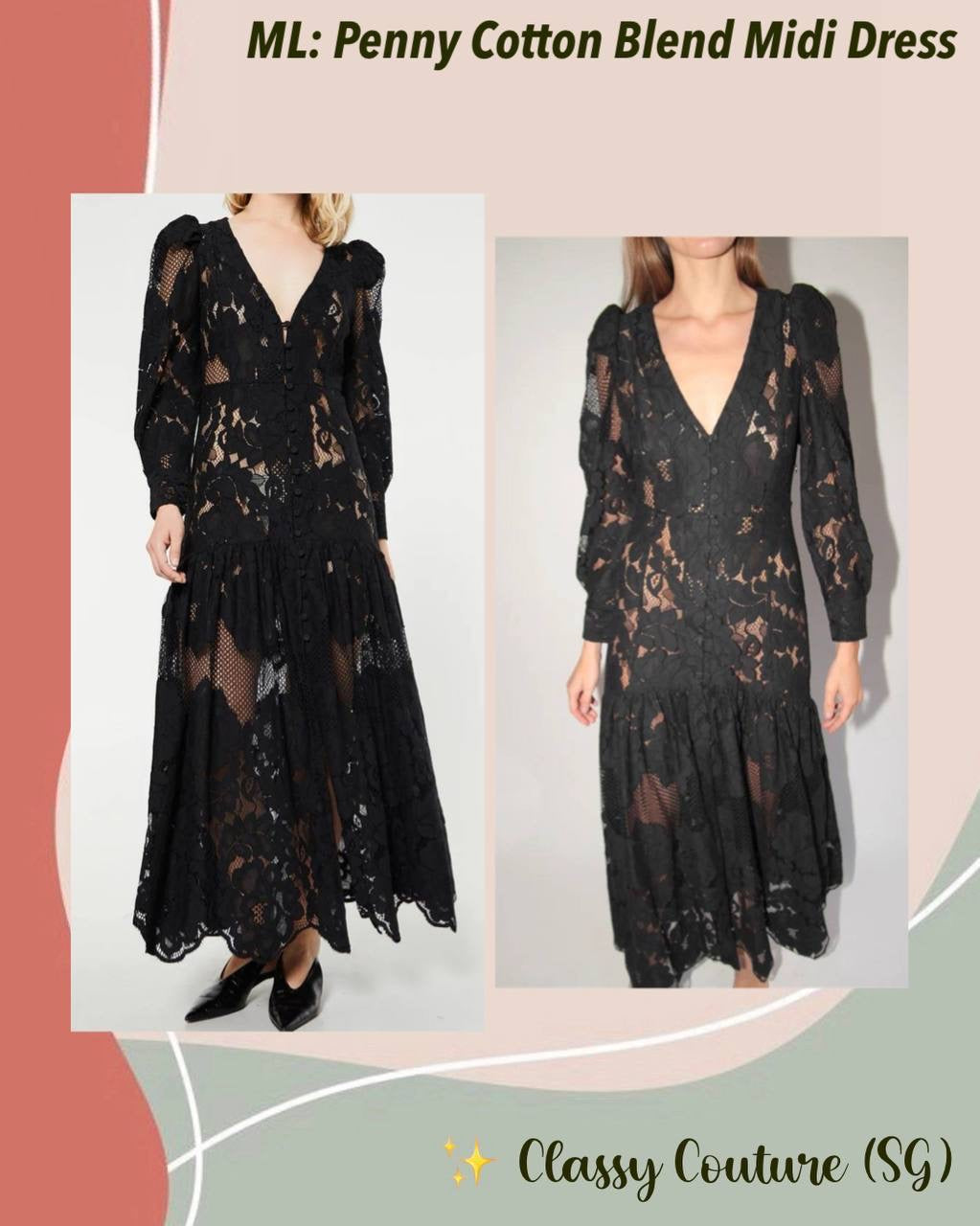 ML Penny Sheer Long Sleeve Cotton-Blend Lace Midi Maxi Dress in Black