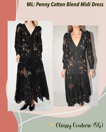 ML Penny Sheer Long Sleeve Cotton-Blend Lace Midi Maxi Dress in Black
