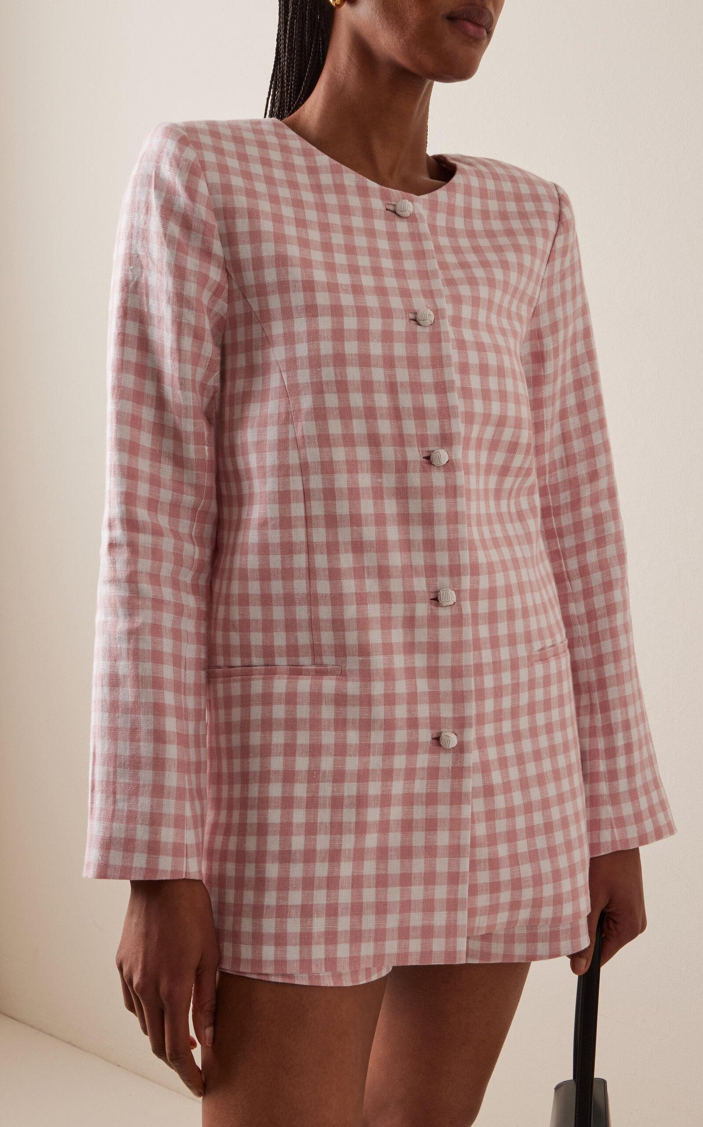 PSE Rio Shift Pink Gingham Check Longline Linen Jacket