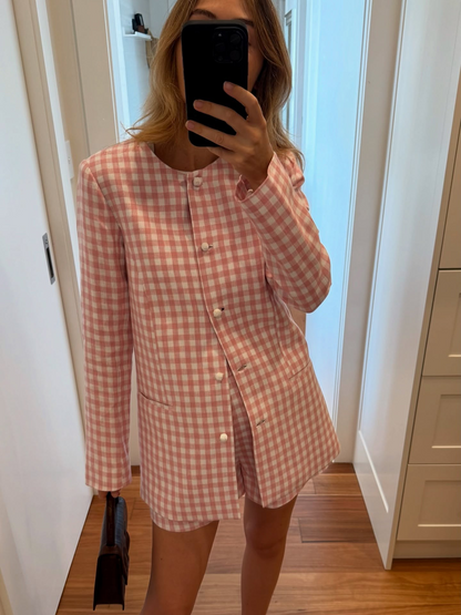 PSE Rio Shift Pink Gingham Check Longline Linen Jacket