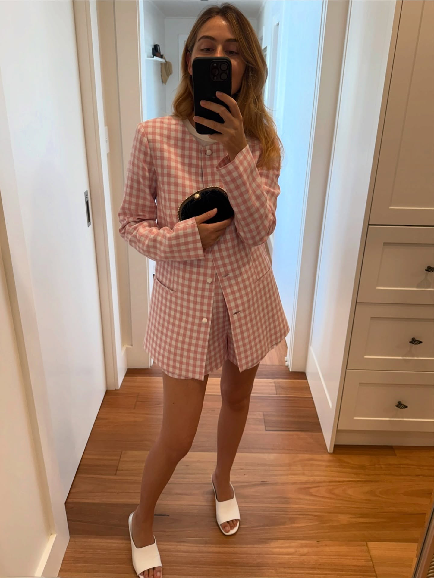 PSE Rio Shift Pink Gingham Check Longline Linen Jacket