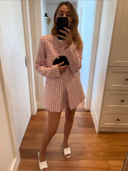 PSE Rio Shift Pink Gingham Check Longline Linen Jacket