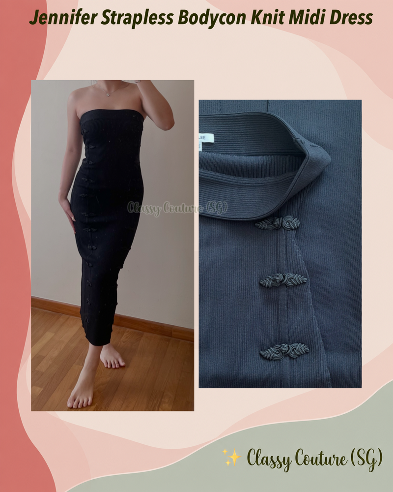 Jennifer Strapless Bandeau Bodycon Knit Midi Dress in Black