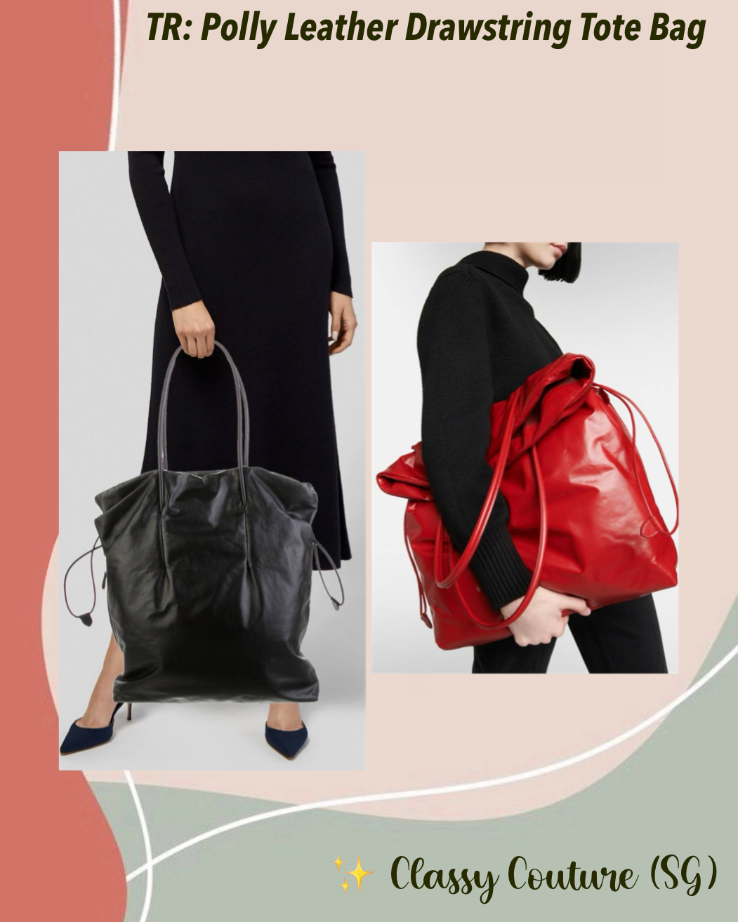 TR Polly Smooth Calfskin Leather Drawstring Tote Bag