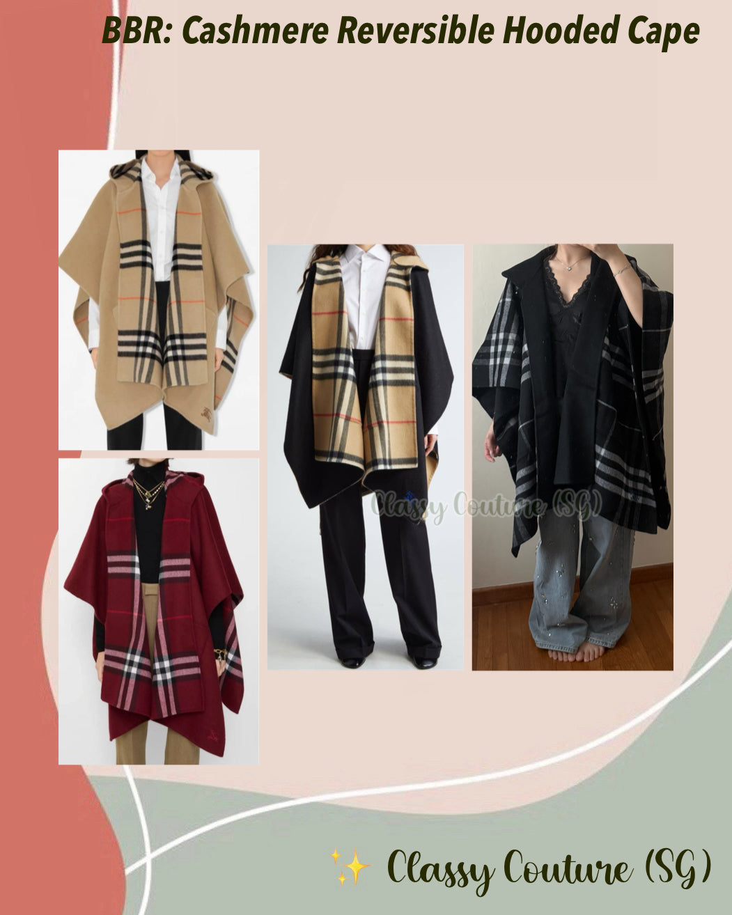 4 Colors! BBR Cashmere Reversible Hooded Cape