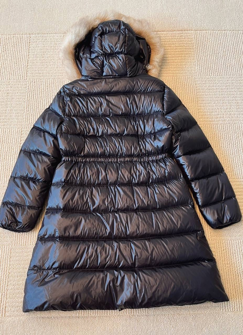 MC Chandre Long Down Puffer Jacket Coat With Removable Shearling Trim in Black
