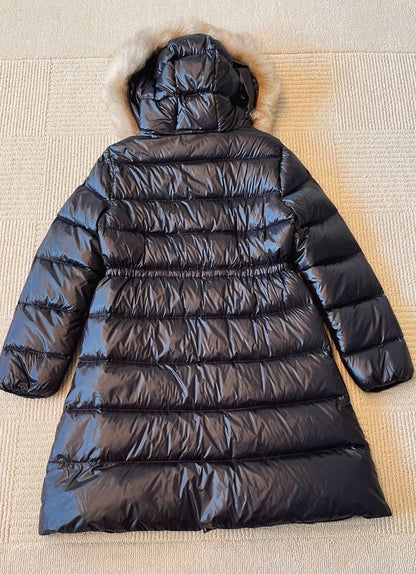 MC Chandre Long Down Puffer Jacket Coat With Removable Shearling Trim in Black