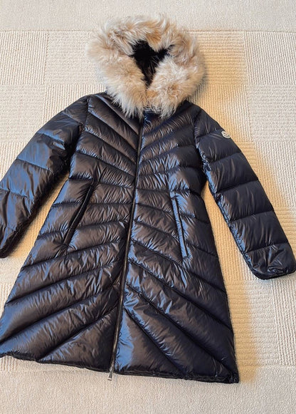 MC Chandre Long Down Puffer Jacket Coat With Removable Shearling Trim in Black