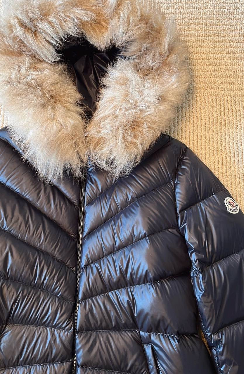 MC Chandre Long Down Puffer Jacket Coat With Removable Shearling Trim in Black