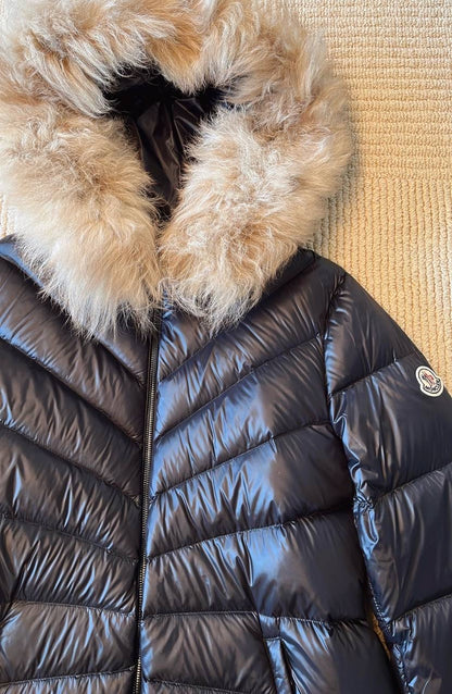 MC Chandre Long Down Puffer Jacket Coat With Removable Shearling Trim in Black