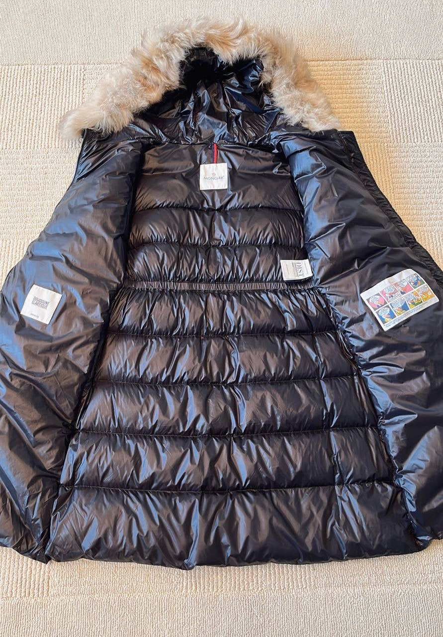 MC Chandre Long Down Puffer Jacket Coat With Removable Shearling Trim in Black