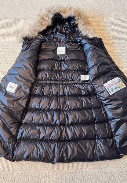 MC Chandre Long Down Puffer Jacket Coat With Removable Shearling Trim in Black