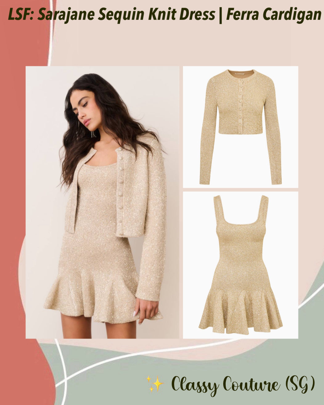 2 Colors! LSF Sarajane Sequin Stretch Knit Mini Dress | Ferra Knit Cardigan | Honey Gold & Black Set