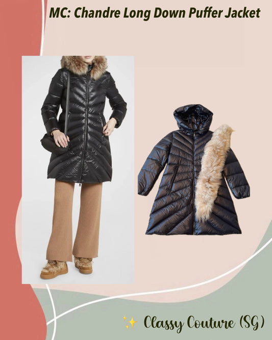 MC Chandre Long Down Puffer Jacket Coat With Removable Shearling Trim in Black
