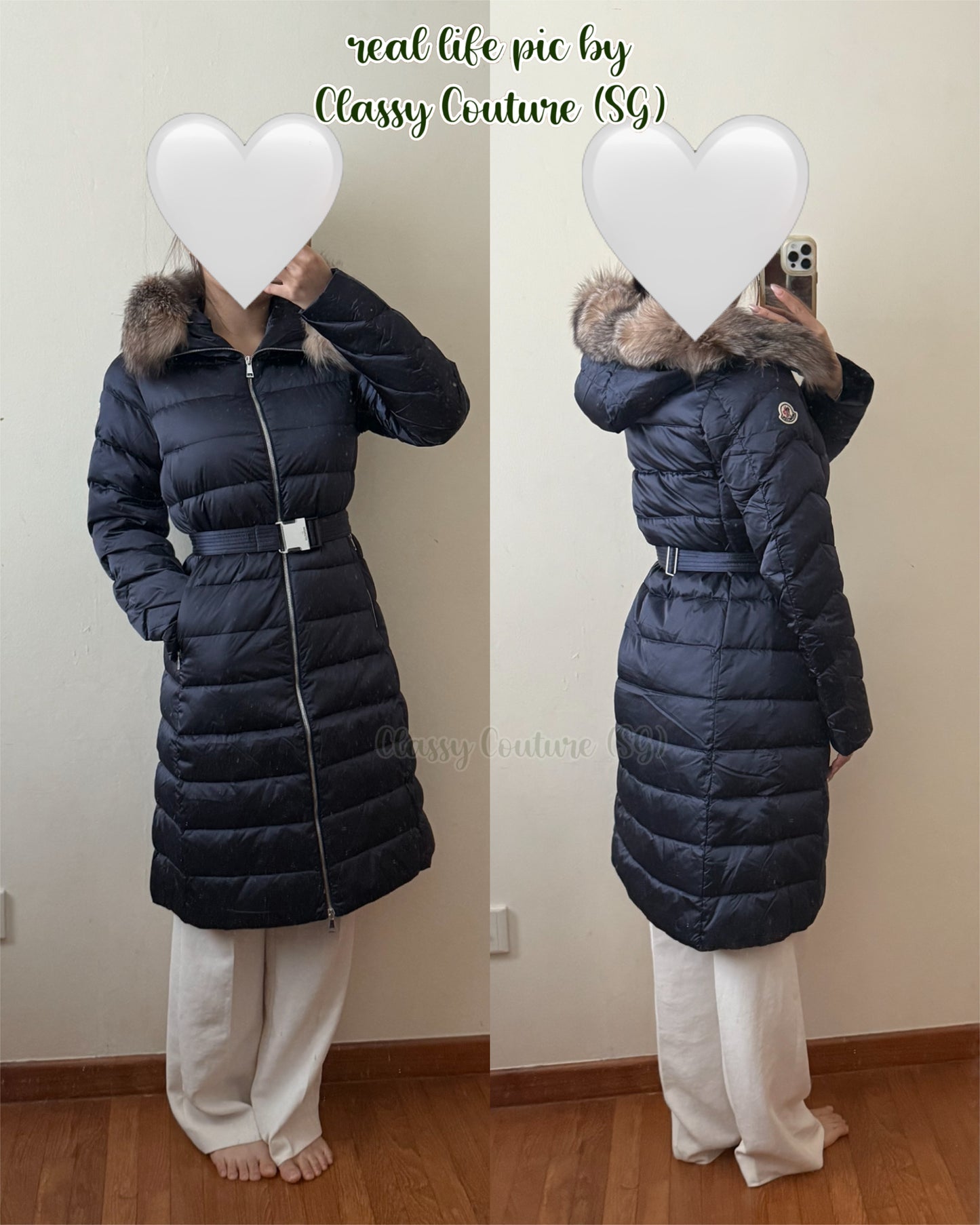 MC Leersie Hooded Shearling-Trimmed Long Down Jacket Coat in Navy Blue