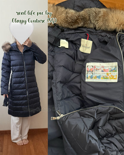 MC Leersie Hooded Shearling-Trimmed Long Down Jacket Coat in Navy Blue