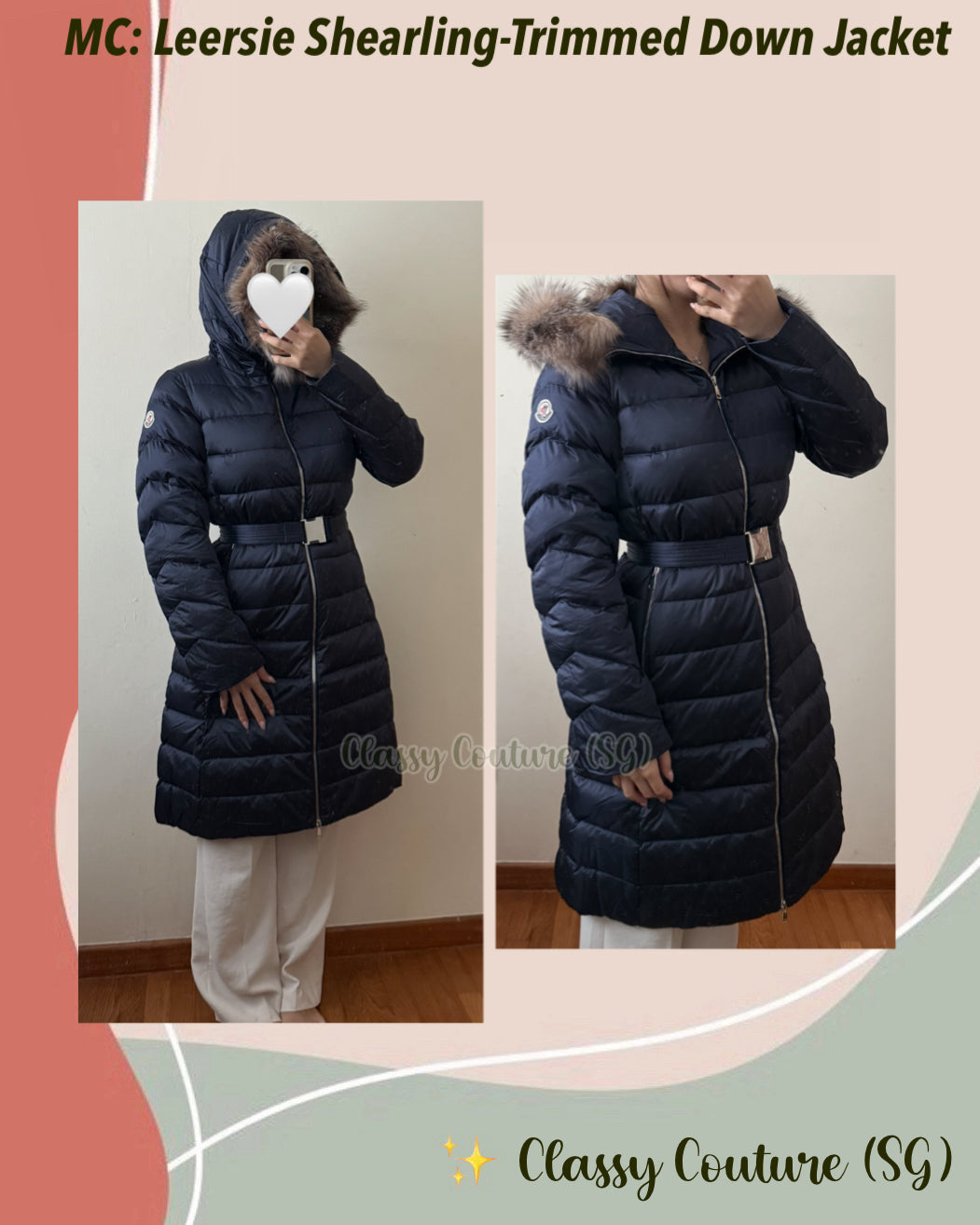 MC Leersie Hooded Shearling-Trimmed Long Down Jacket Coat in Navy Blue