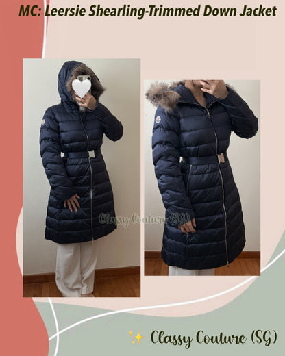 MC Leersie Hooded Shearling-Trimmed Long Down Jacket Coat in Navy Blue