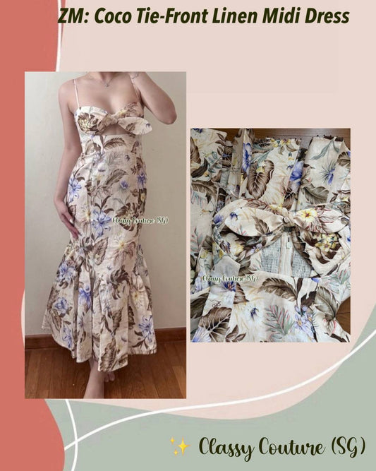 SALE! 050ZM Tie-Front Mermaid Linen Midi Dress